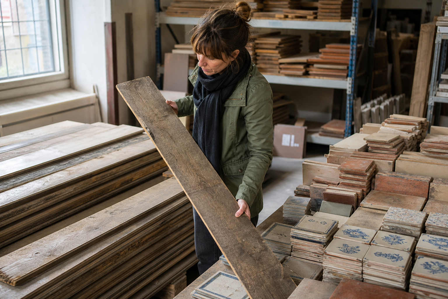 Bezoeker beoordeelt een oude houten vloerplank tussen stapels hergebruikte tegels